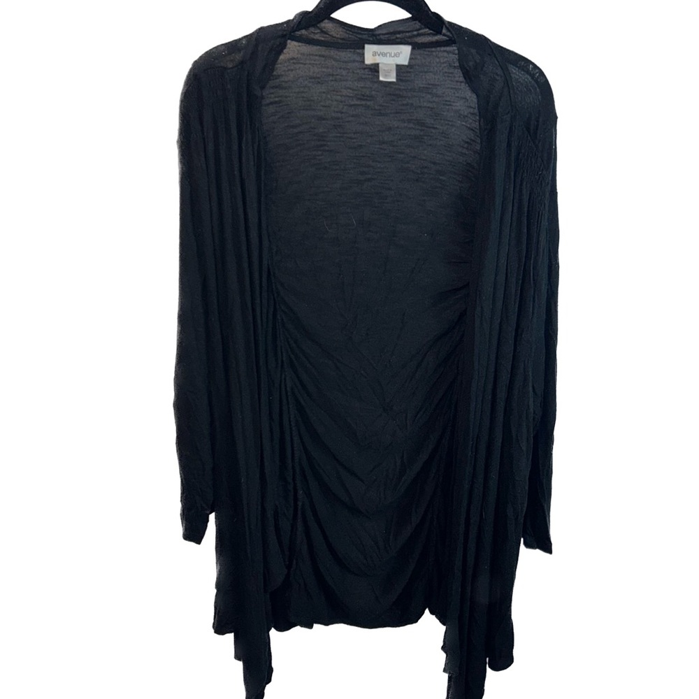 Avenue Cardigan Sheer Sweater Over The Shoulder Pleated Elastic Back Open Front